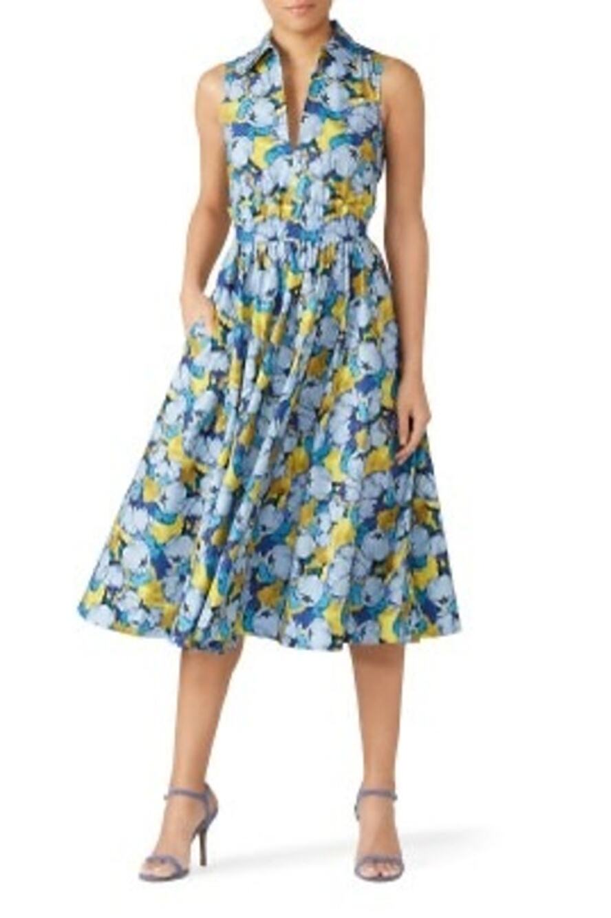 Pinko Light Blue Peony Floral Print Sleeveless Midi Dress Size L